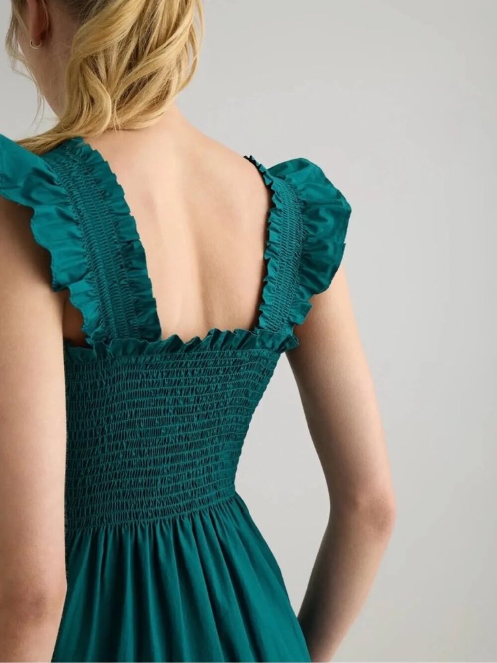 100% Organic Cotton Poplin Smocked Midi Dress XS, Jade Green - Picture 2 of 3